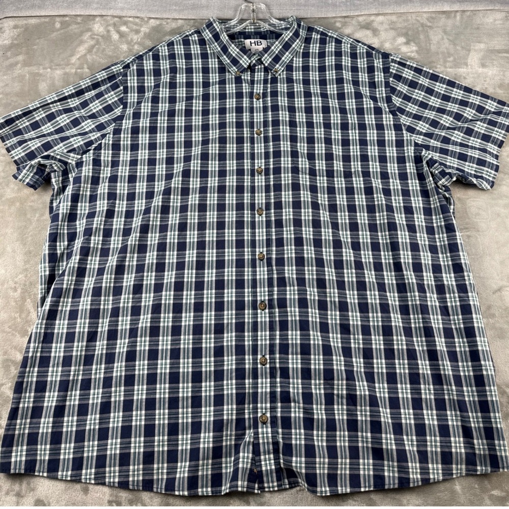 HB Button-Down Men 4XL Plaid Navy Blue Green White Short Sleeve EUC